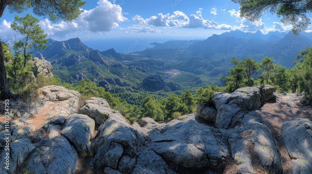 Obraz premium A panoramic view of a lush, mountainous landscape overlooking the sea under a bright sky.