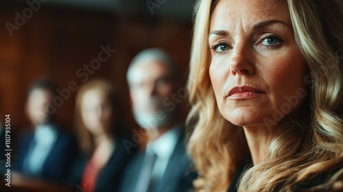 A determined woman in a formal setting, capturing the essence of professionalism, focus, and leadership, with blurred figures of colleagues in the background.