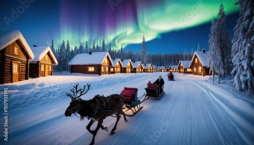 Reindeer sleigh ride through snowy village at night under vibrant aurora borealis. photo