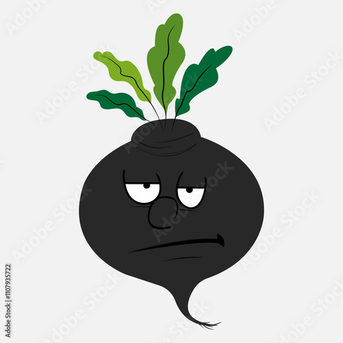 Black radish. Cartoon character. Face, eyes. Emotions: sad, angry, dissatisfied facial expression. Food, vegetables. Illustration. Isolated object.