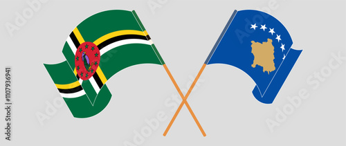 Crossed and waving flags of Dominica and Kosovo. Vector illustration