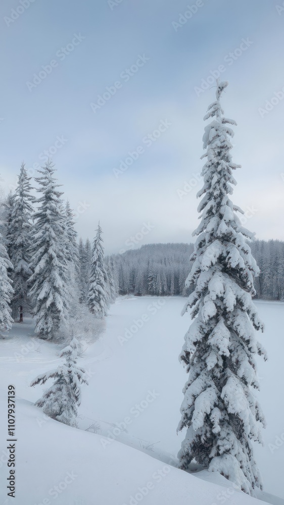 Obraz premium Winter landscape with snow-covered trees and a frozen lake, winter, season