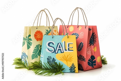 White, pink and blue bag with “Sale” with pictures of green leaves and yellow and orange flowers.