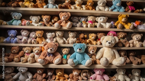  A shelf full of stuffed animals, including a variety of teddy bears 