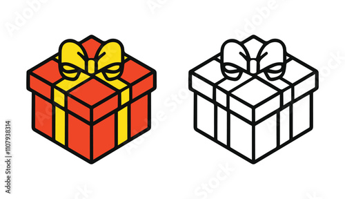 A bright 2D illustration of a colorful red gift box with yellow ribbon, ideal for artbook for children celebrations, holidays, e-commerce, giveaways, customizable designs for festive special occasion.