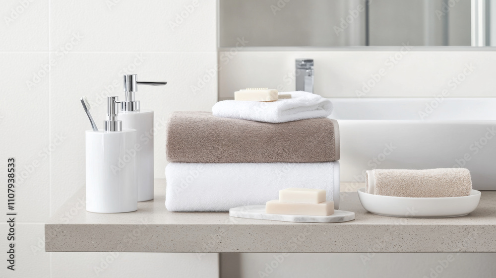 Fototapeta premium Stack of soft folded towels on marble shelf in modern bathroom, background