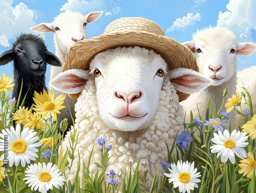 Sheep grazing in a vibrant meadow countryside landscape nature illustration bright environment close-up view animal concept