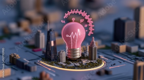 Cityscape with Digital Light Bulb Target, Arrow and Gears Icons photo