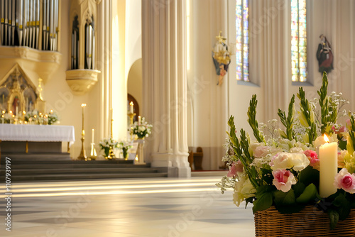 Peaceful church interior with a floral arrangement and lit candle in the foreground, sunlight streaming through stained glass windows onto the altar photo