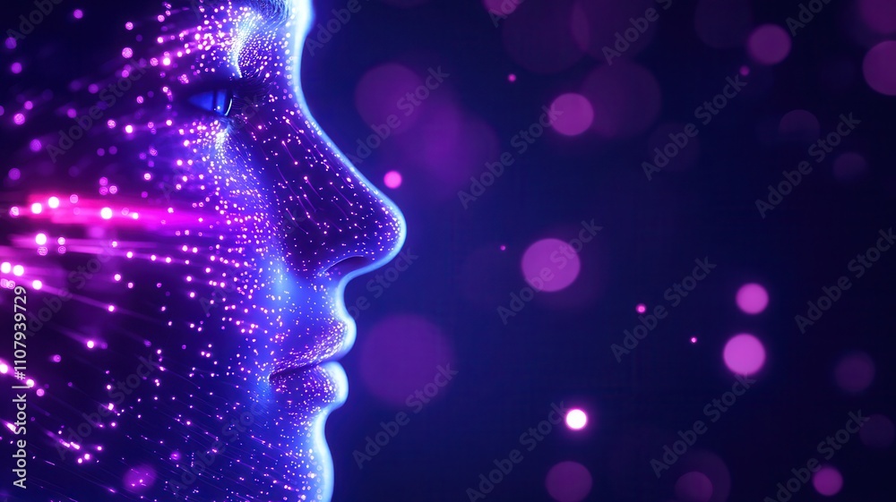 Obraz premium A colorful, cosmic representation of a face, adorned with vibrant particles and light patterns, set against a dark backdrop.