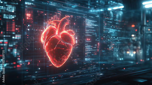 Digital heart model displayed on futuristic interface with glowing effects and data overlay. Generative AI