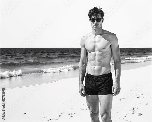 Black and White Drawing of Athletic Fit Man Standing on Beach Wearing Sunglasses and Short Swim Trunks With Waves Crashing in Background
