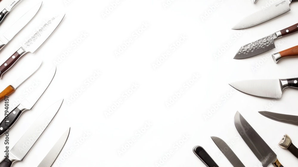 Obraz premium Displayed are various kitchen knives on a clean, white background, showcasing their diverse shapes and sizes for culinary tasks and cooking. Generative AI