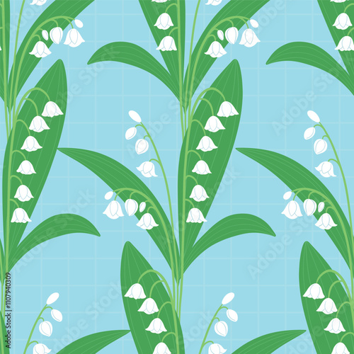 Seamless Lily of the Valley Pattern on Light Blue Background