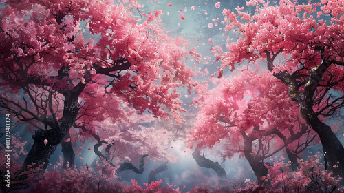 Cherry blossom trees in a stormy sky, with dark clouds swirling and petals being swept up in the wind.