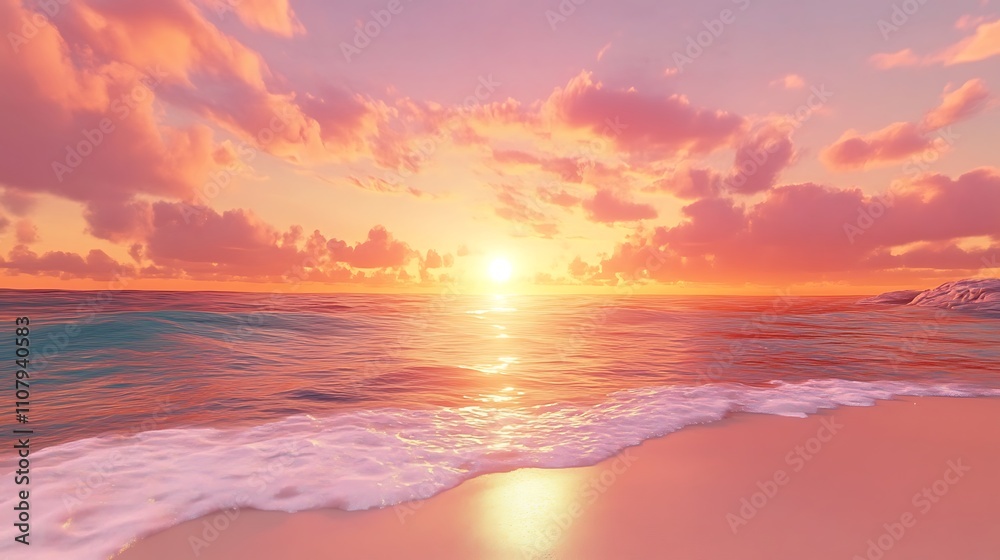 Obraz premium A serene beach sunset with vibrant colors reflecting on the water.