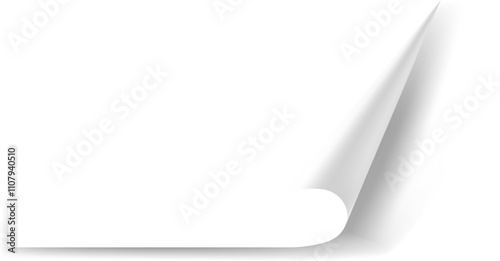 White sheet of paper curling up from bottom right corner, creating a three dimensional effect with subtle shadows, ideal for showcasing text, designs, or creating a sense of anticipation
