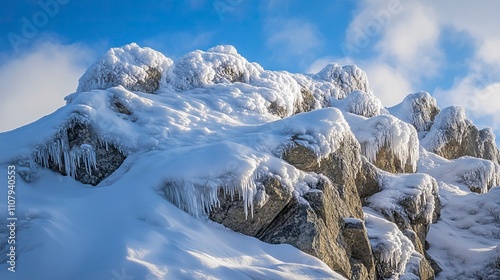 Close Up of Rocky Mountain Peaks with Icy Cliffs and Snow Drifts Snow Covered Mountains and Peaks ,Winter seasson, Happy New Year, Happy christmass 