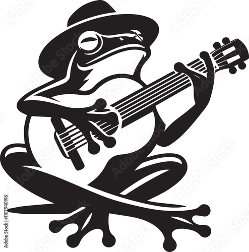 A cute frog playing a guitar vector black silhouette