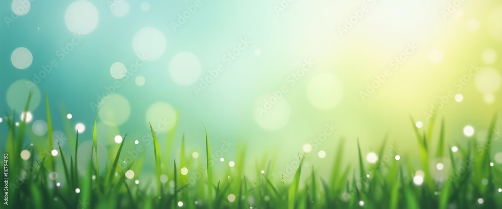 Obraz premium A vibrant expanse of lush green grass stretches across the foreground, kissed by soft, shimmering dew drops that glisten like tiny jewels. Above, a dreamy sky transitions from a serene blue to a warm