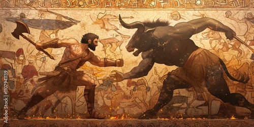 ancient greek warrior and minotaur photo