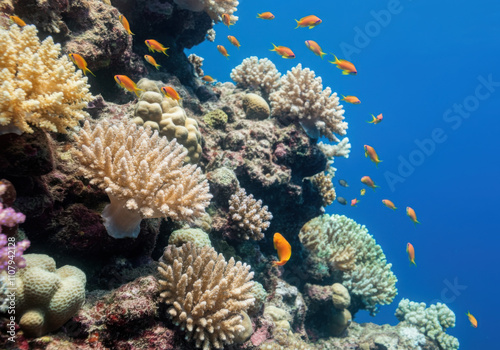 Beautiful underwater seascape shows a diverse coral reef teeming with life, including a shoal of vibrant lyretail anthias photo