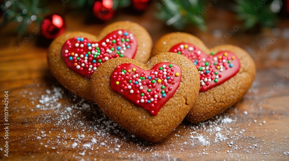 Fototapeta premium Gingerbread heart-shaped cookies adorned with red icing and colorful sprinkles, perfect for a Valentineâ€™s Day or Christmas treat