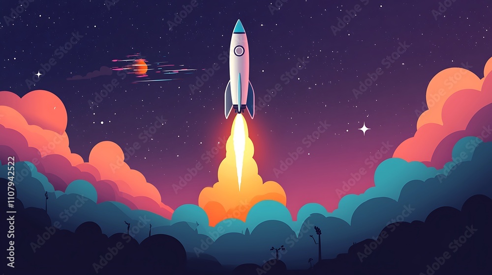 Naklejka premium Fiery rocket launch from a space station against a colorful night sky with stars and clouds