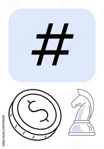 metadata tag symbol, dollar coin with , and knight chess piece. Ideal for social media, finance, strategy, marketing, business planning online trends decision making. Line metaphor