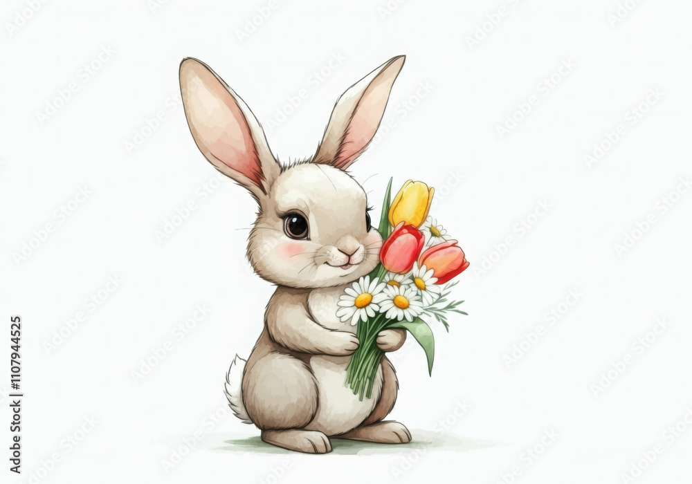 Obraz premium Cute illustration of a bunny holding a bouquet of colorful tulips and daisies on a white background