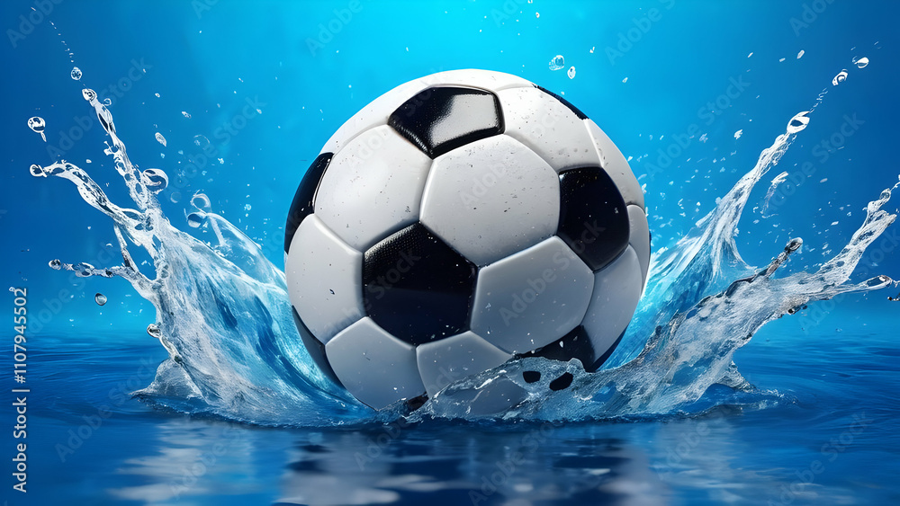 Naklejka premium A soccer ball surrounded by blue water ripples and dynamic splash effects, set against a fluid background that captures the vibrancy and excitement of the moment in striking detail