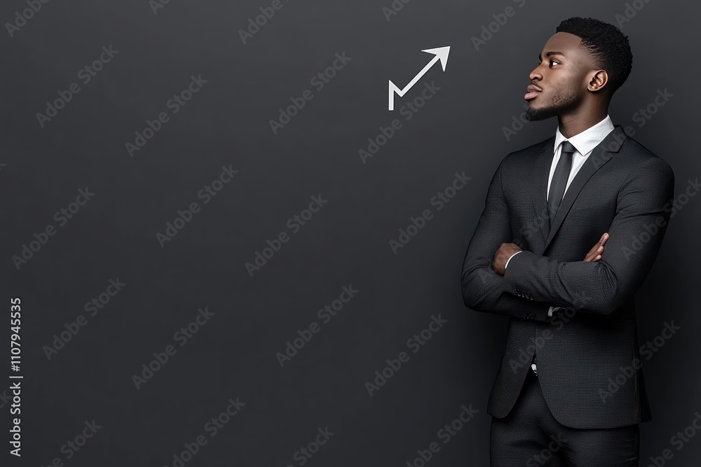 Successful Businessman with Upward Growth Arrows on Blue Background Successful Businessman with Upward Growth Arrows on Blue Background