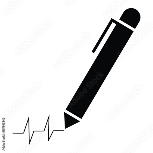 Pen icon, vector with heartbeat line. Writing ink mark symbol line and glyph versions, signature pen outlines and filled vector signs. Pen, write highlighter icon isolated on white background.