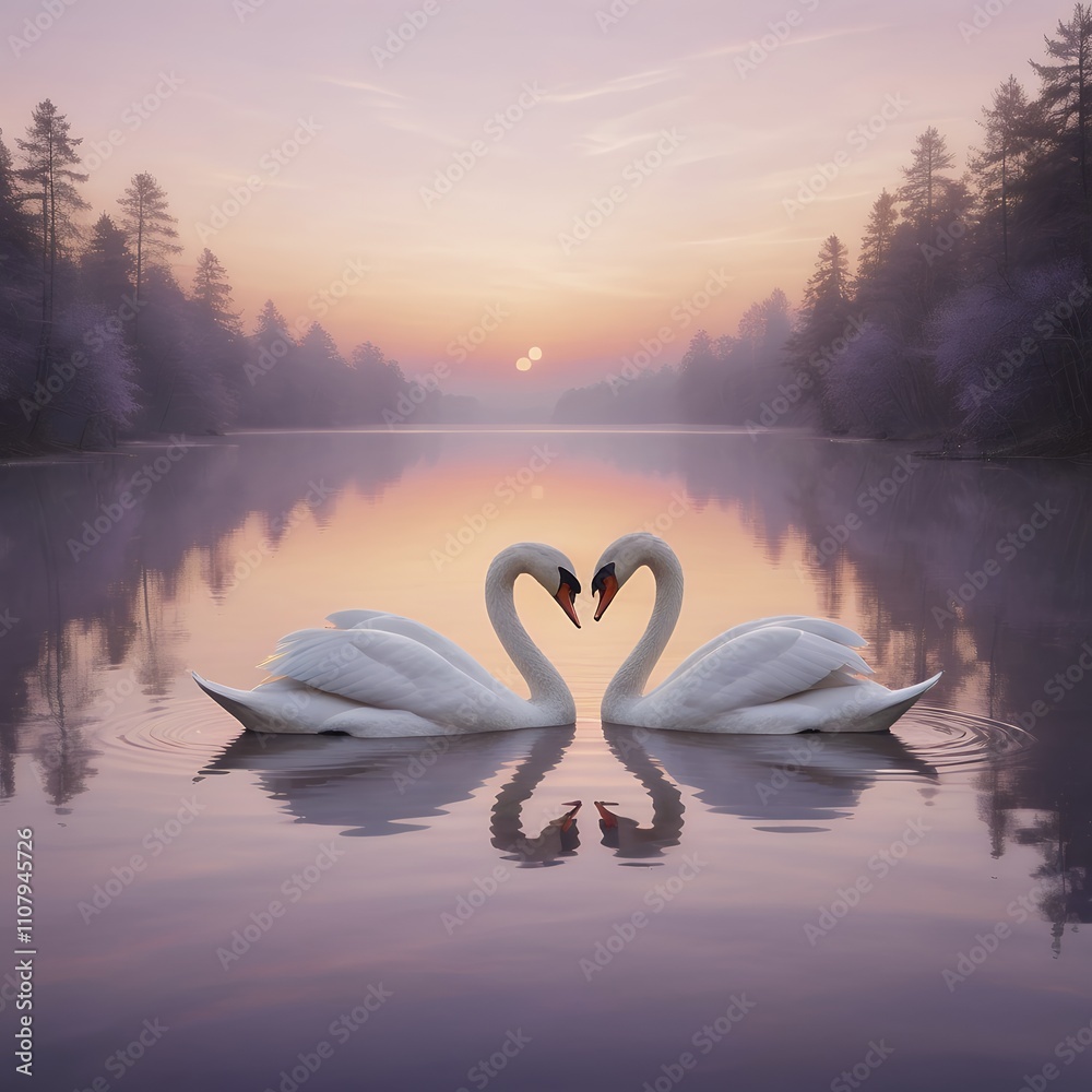 Fototapeta premium Romantic Swans Forming a Heart Shape at Sunrise Over a Serene Lake, Peaceful Misty Morning Landscape