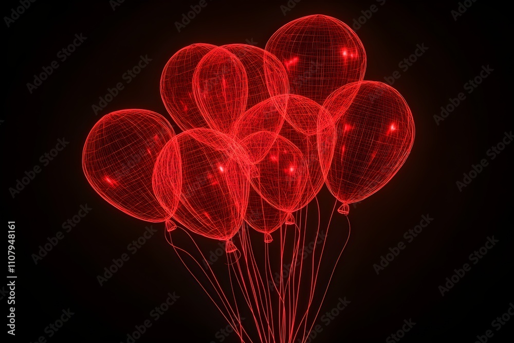 Obraz premium A neon wireframe collection of balloons highlighted against a black backdrop.