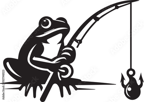 A frog holding a fishing rod vector black silhouette