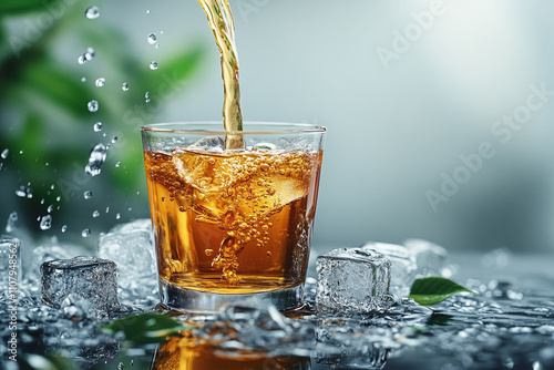 Tea being poured from clear teapot into glass, stream frozen in motion, ice cubes and tea leaves. photo