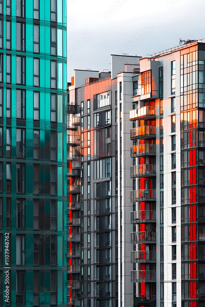 Fototapeta premium Modern high-rise apartment buildings in a residential area showcasing rental potential and property insurance options