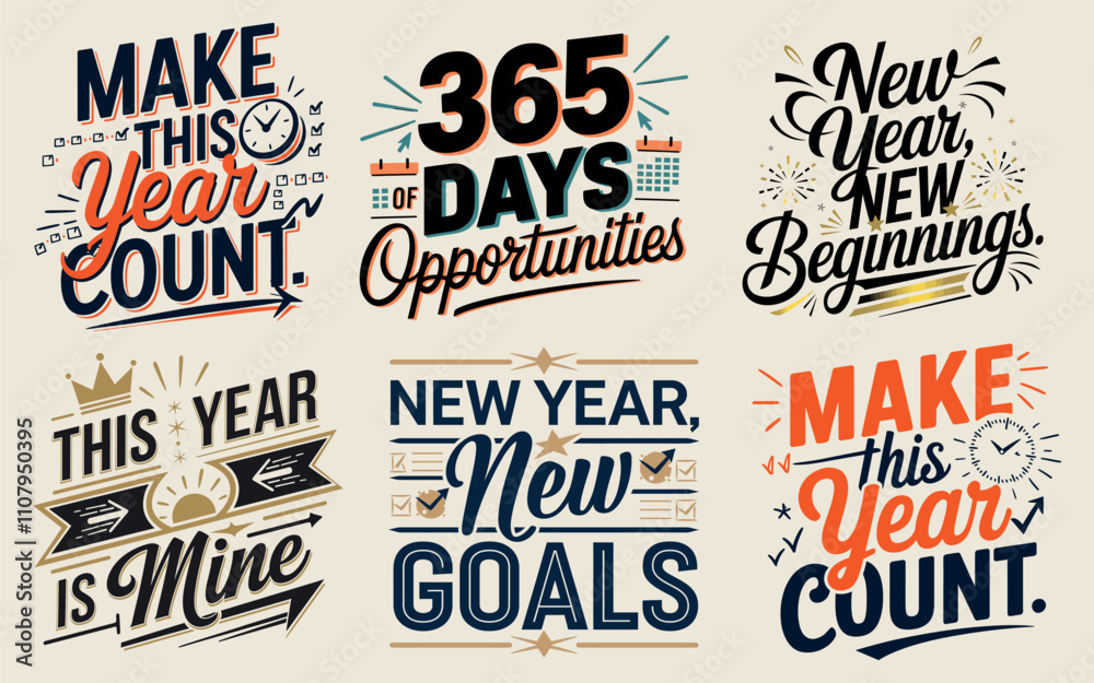 Obraz premium Set of Happy New Year Typography T-Shirt Designs - Vector Collection
