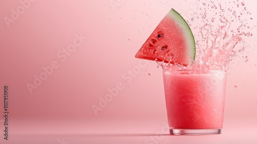 Glass of watermelon juice with a slice of the watermelon on top of it. the watermelon is splashing out of the glass, creating a splash effect.