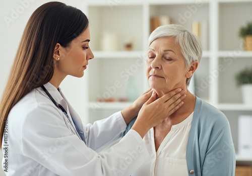 A female doctor examines an elderly woman's thyroid gland in a bright medical office