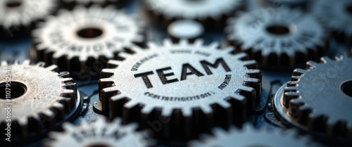 A close-up view of metallic gears, intricately arranged, with one prominent gear boldly displaying the word 