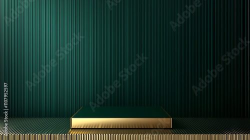 A sleek green and gold background for showcasing products, with a golden square podium featuring striped sides, placed on a geometric platform in a minimalist style