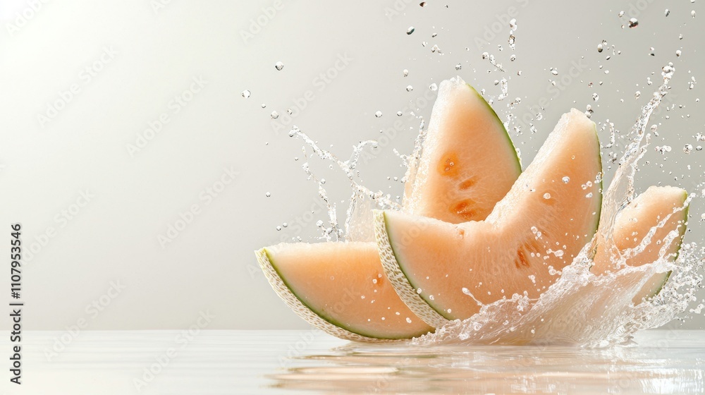 Fototapeta premium Slice of cantaloupe falling into the water. the slice is in the center of the image, with the water splashing around it.