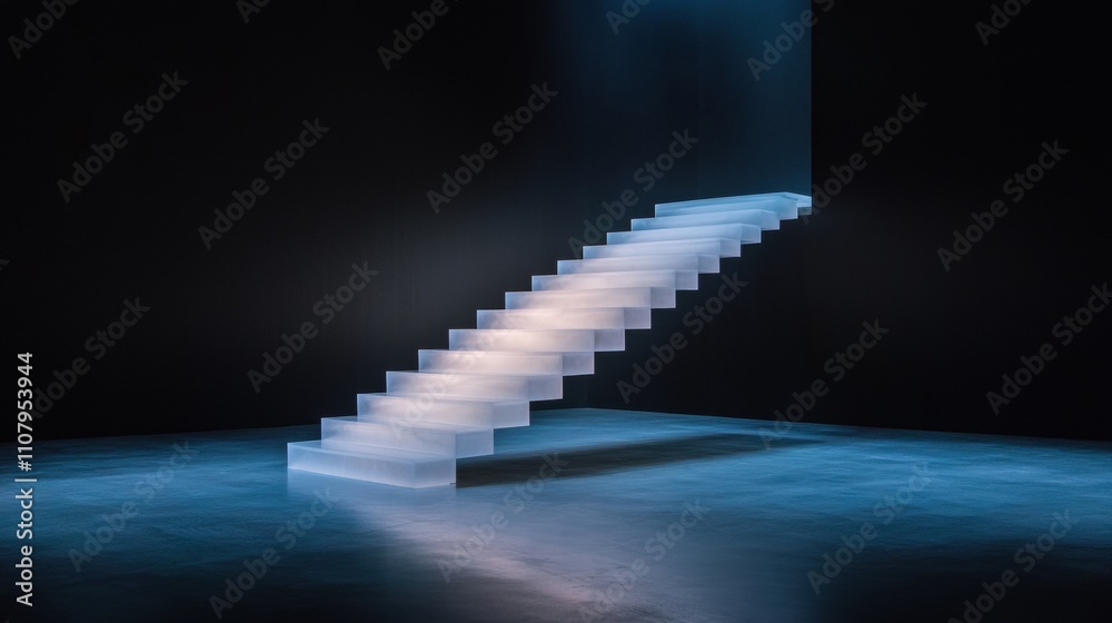 Obraz premium Set of stairs in a dark room with a blue light shining on them. the stairs are made of white plastic and are arranged in a straight line, with the top step slightly higher than the bottom step.