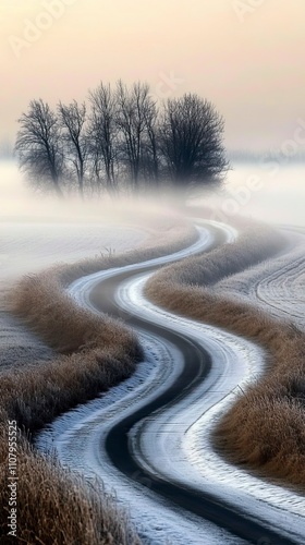 Countryside Road Disappearing into Thick Morning Fog Mystical Foggy Mornings ,Winter seasson, Happy New Year, Happy christmass
