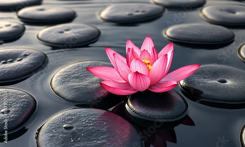 Pink Lotus Blossom Floating on Dark Stones in Calm Water photo