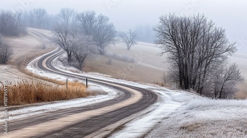 Countryside Road Disappearing into Thick Morning Fog Mystical Foggy Mornings ,Winter seasson, Happy New Year, Happy christmass

