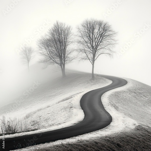 Countryside Road Disappearing into Thick Morning Fog Mystical Foggy Mornings ,Winter seasson, Happy New Year, Happy christmass
