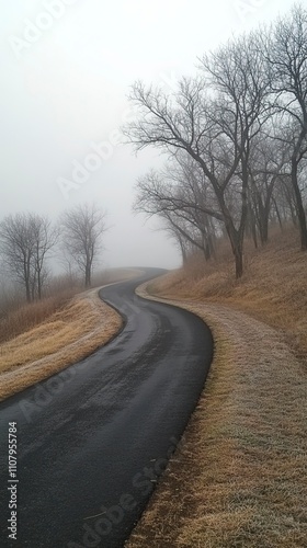 Countryside Road Disappearing into Thick Morning Fog Mystical Foggy Mornings ,Winter seasson, Happy New Year, Happy christmass
